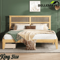 Bellemave® Boho Bed Frame with Rattan Headboard, Solid Wood Bed Frame with Wood Legs & Storage Underneath - Bellemave