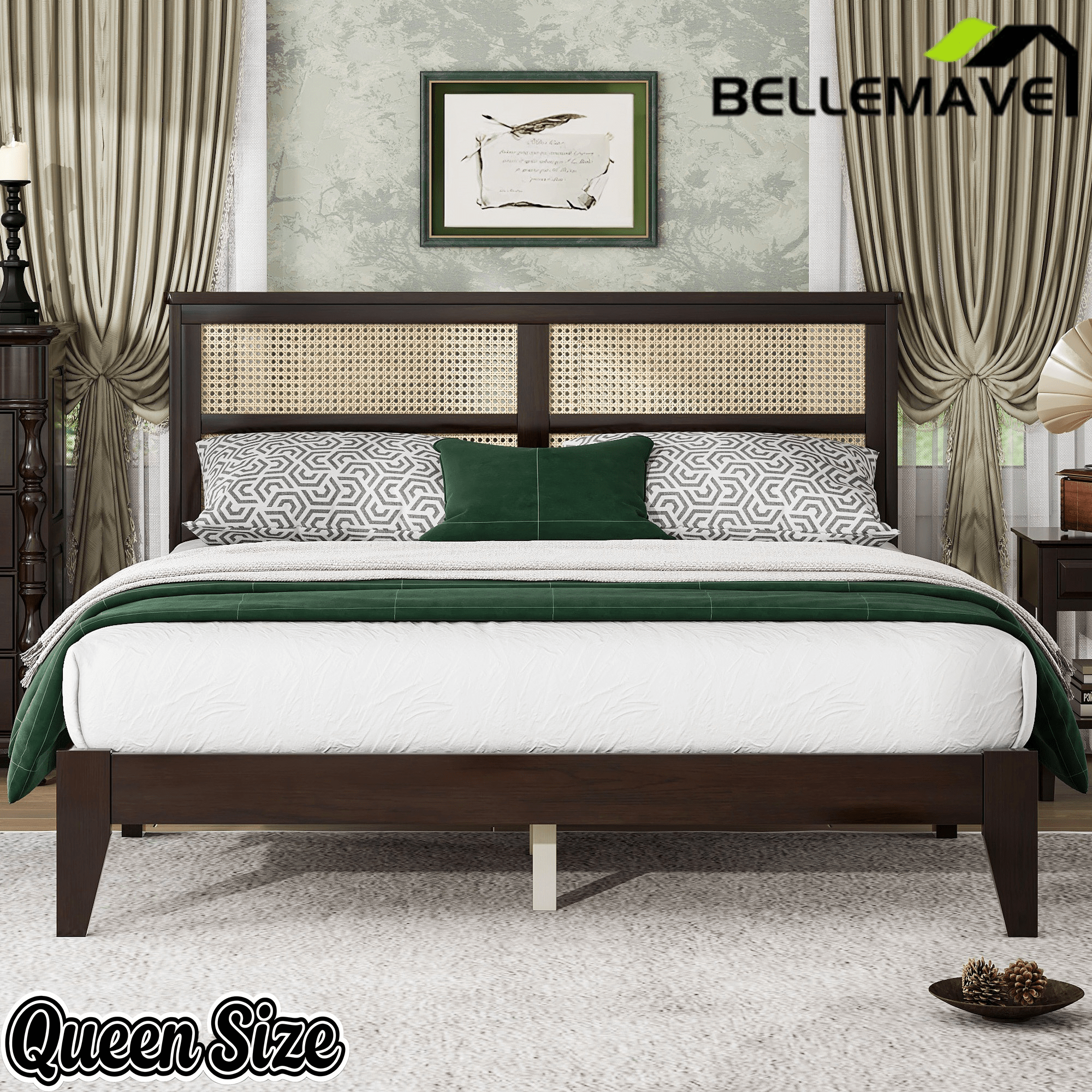 Bellemave® Boho Bed Frame with Rattan Headboard, Solid Wood Bed Frame with Wood Legs & Storage Underneath - Bellemave