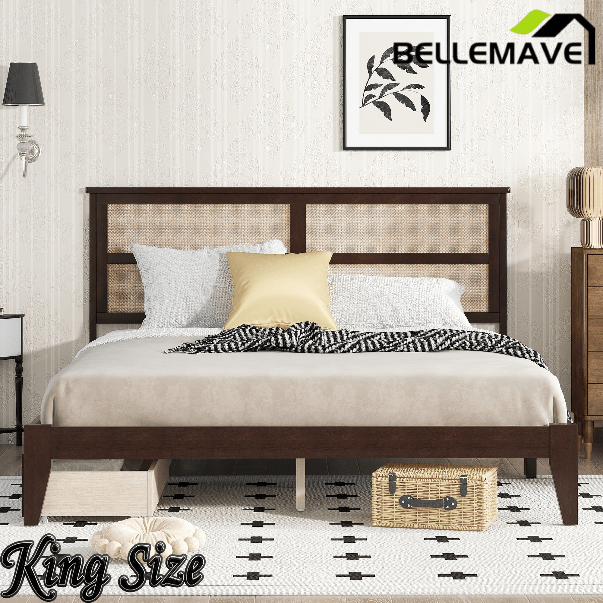 Bellemave® Boho Bed Frame with Rattan Headboard, Solid Wood Bed Frame with Wood Legs & Storage Underneath - Bellemave