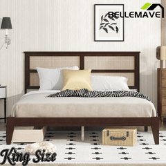 Bellemave® Boho Bed Frame with Rattan Headboard, Solid Wood Bed Frame with Wood Legs & Storage Underneath - Bellemave