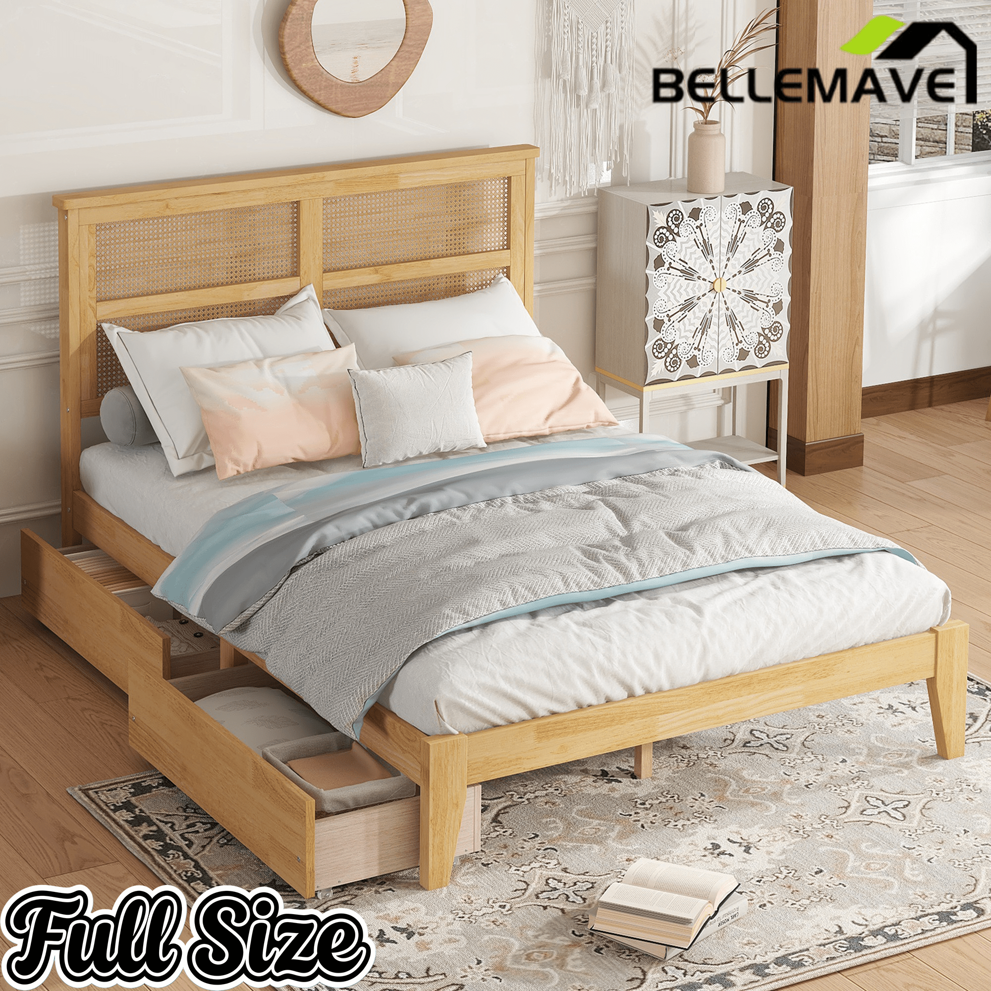 Bellemave® Boho Bed Frame with Rattan Headboard, Solid Wood Bed Frame with Wood Legs & Storage Underneath - Bellemave