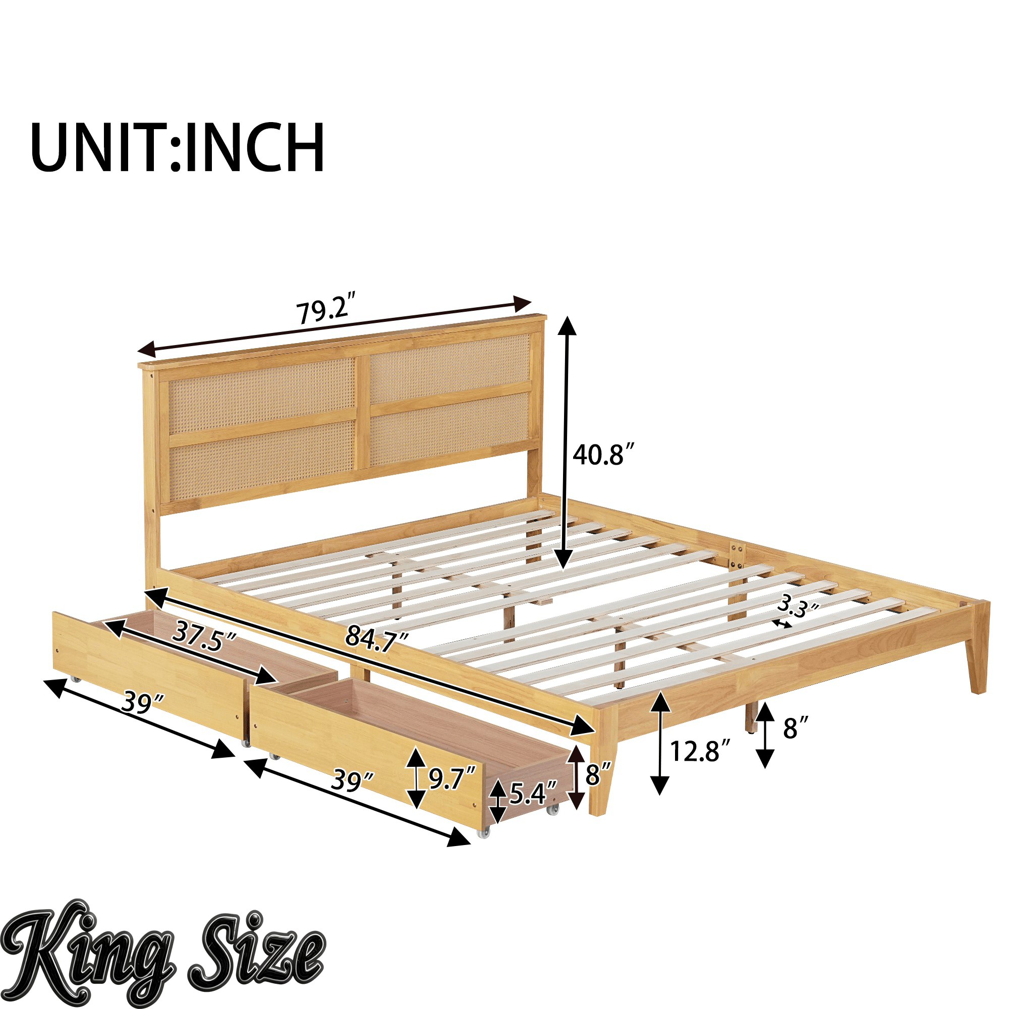 Bellemave® Boho Bed Frame with Rattan Headboard, Solid Wood Bed Frame with Wood Legs & Storage Underneath - Bellemave