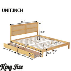 Bellemave® Boho Bed Frame with Rattan Headboard, Solid Wood Bed Frame with Wood Legs & Storage Underneath - Bellemave