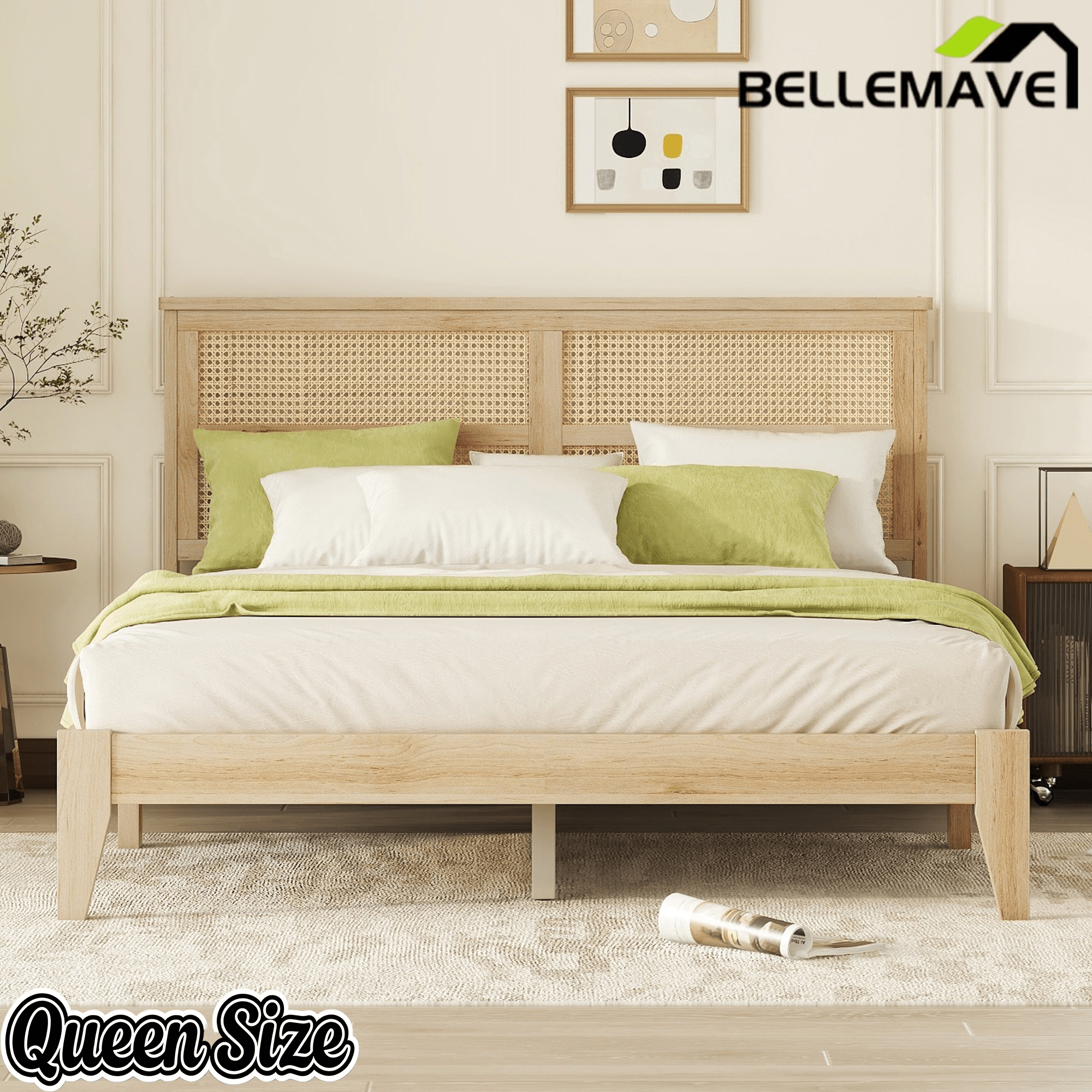 Bellemave® Boho Bed Frame with Rattan Headboard, Solid Wood Bed Frame with Wood Legs & Storage Underneath - Bellemave