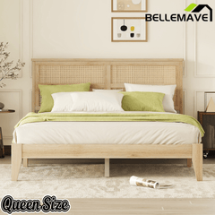 Bellemave® Boho Bed Frame with Rattan Headboard, Solid Wood Bed Frame with Wood Legs & Storage Underneath - Bellemave