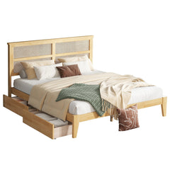 Bellemave® Boho Bed Frame with Rattan Headboard, Solid Wood Bed Frame with Wood Legs & Storage Underneath - Bellemave
