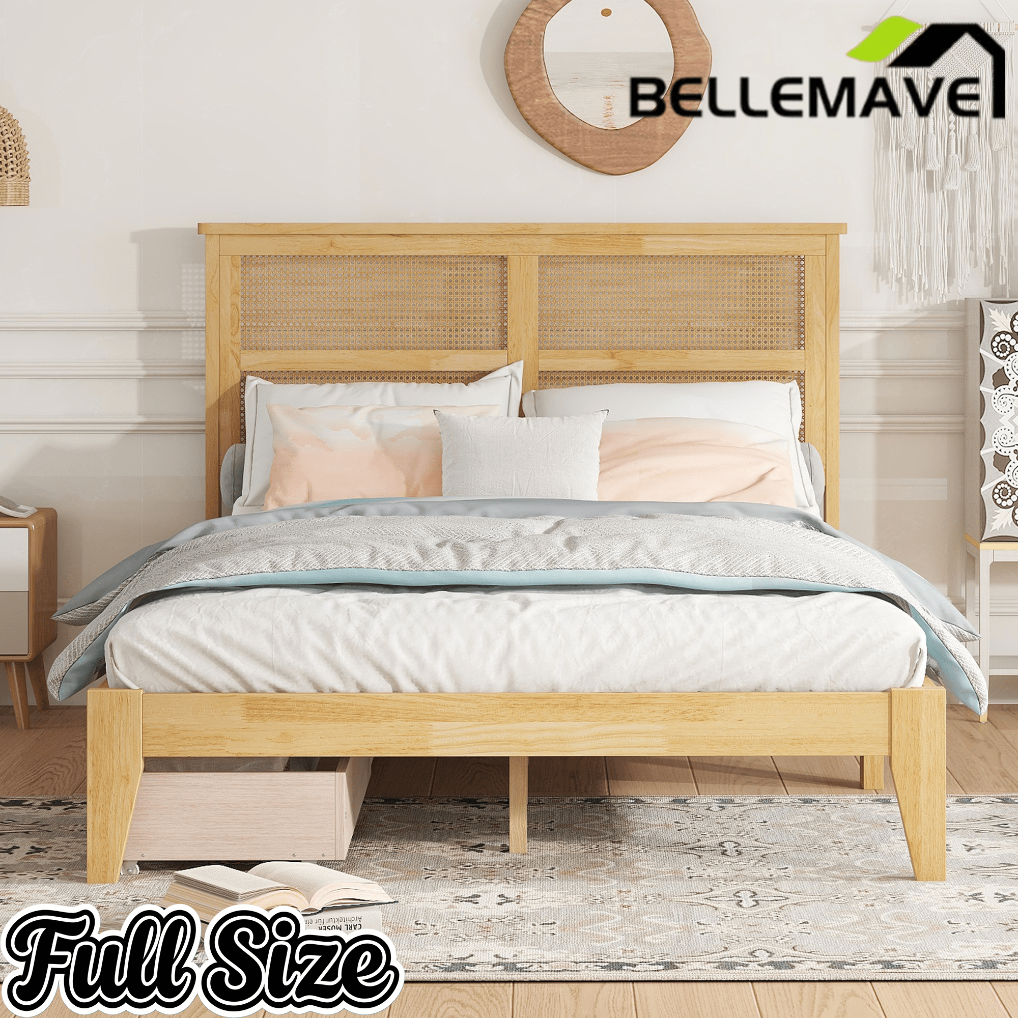 Bellemave® Boho Bed Frame with Rattan Headboard, Solid Wood Bed Frame with Wood Legs & Storage Underneath - Bellemave