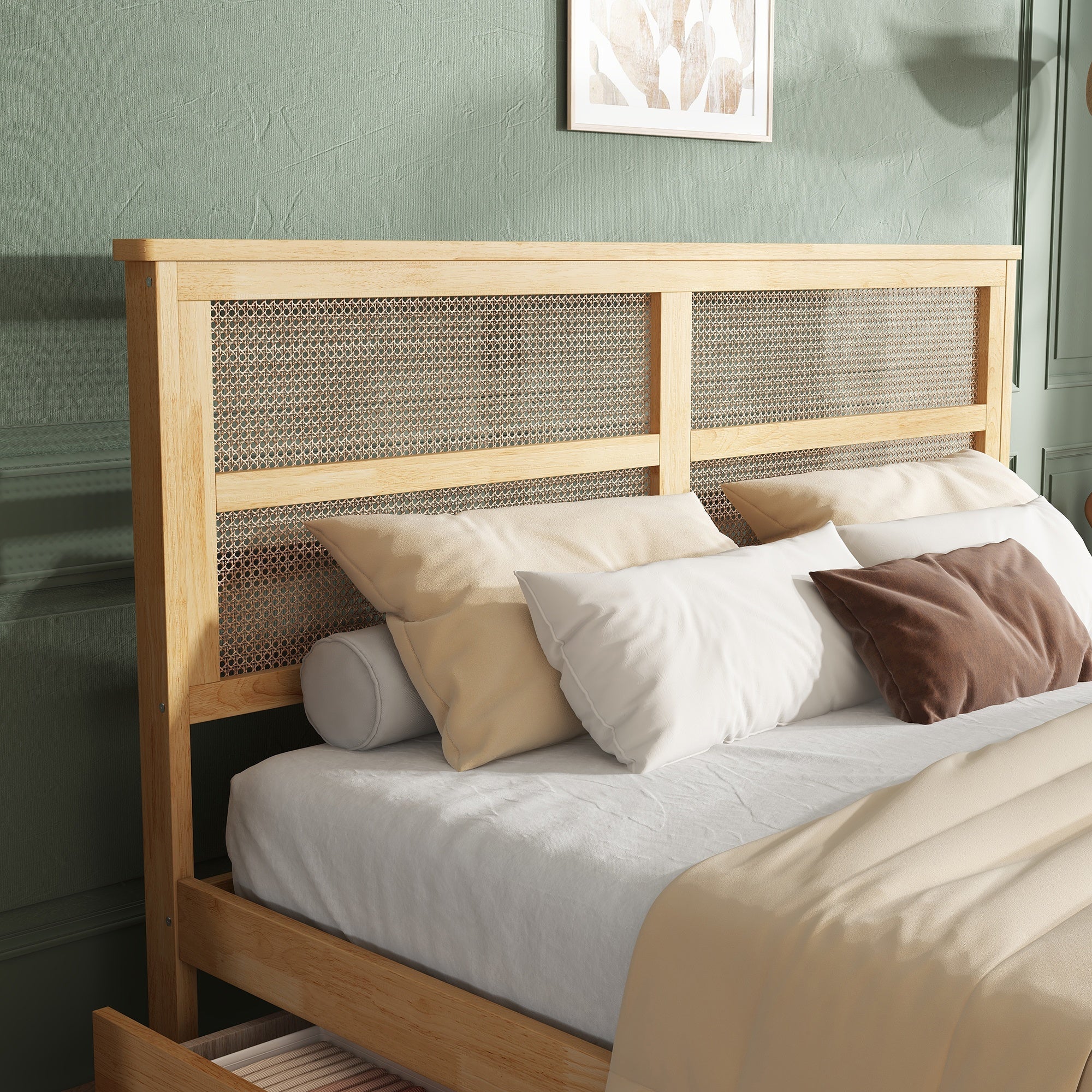 Bellemave® Boho Bed Frame with Rattan Headboard, Solid Wood Bed Frame with Wood Legs & Storage Underneath - Bellemave