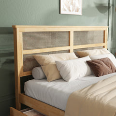 Bellemave® Boho Bed Frame with Rattan Headboard, Solid Wood Bed Frame with Wood Legs & Storage Underneath - Bellemave