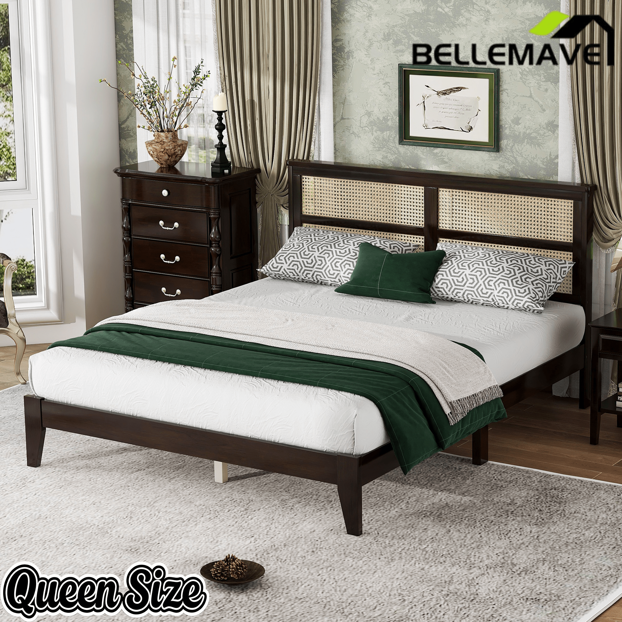 Bellemave® Boho Bed Frame with Rattan Headboard, Solid Wood Bed Frame with Wood Legs & Storage Underneath - Bellemave