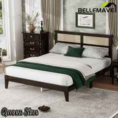 Bellemave® Boho Bed Frame with Rattan Headboard, Solid Wood Bed Frame with Wood Legs & Storage Underneath - Bellemave