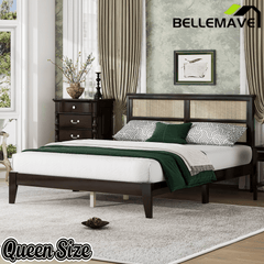 Bellemave® Boho Bed Frame with Rattan Headboard, Solid Wood Bed Frame with Wood Legs & Storage Underneath - Bellemave