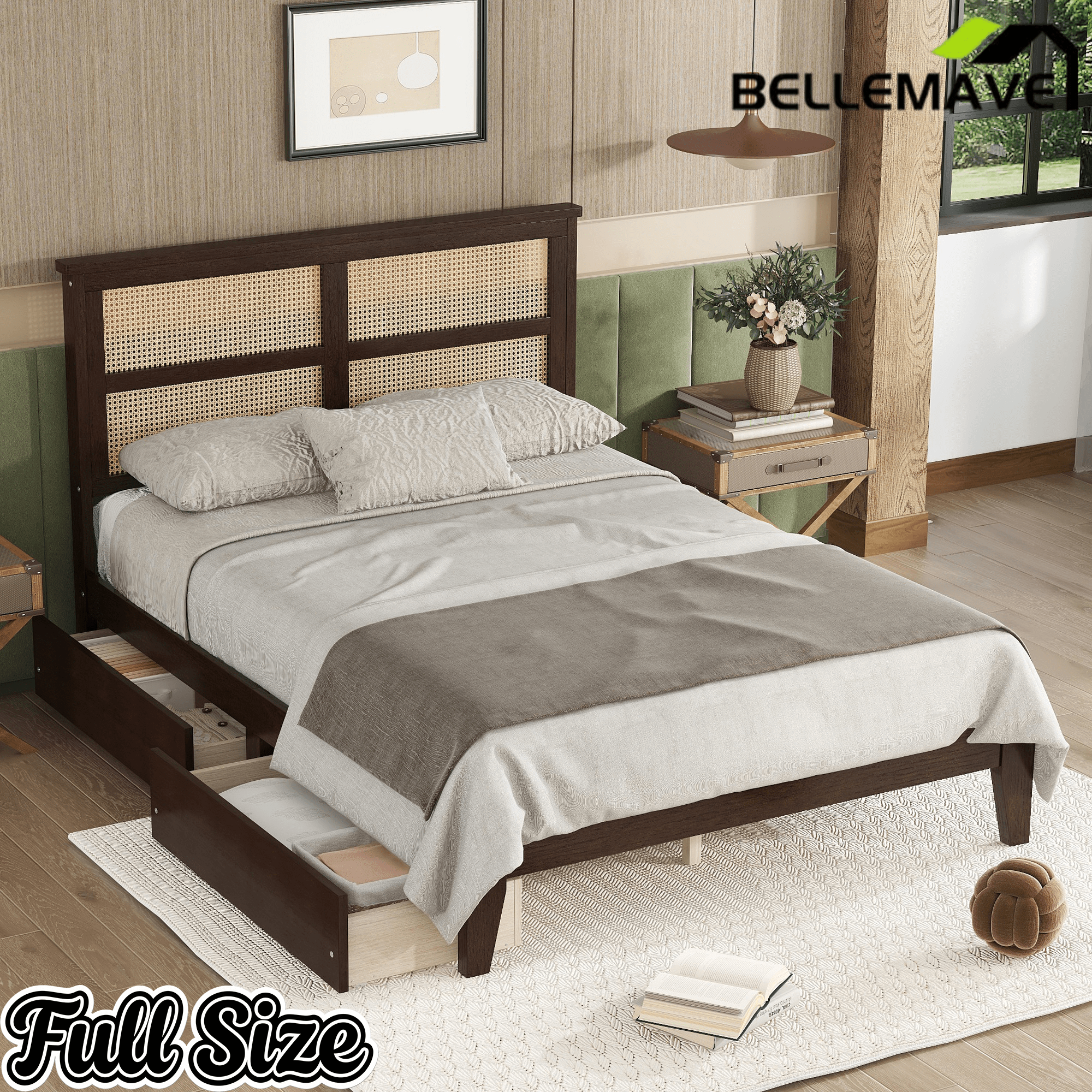 Bellemave® Boho Bed Frame with Rattan Headboard, Solid Wood Bed Frame with Wood Legs & Storage Underneath - Bellemave