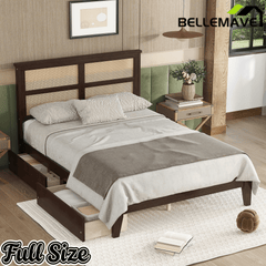 Bellemave® Boho Bed Frame with Rattan Headboard, Solid Wood Bed Frame with Wood Legs & Storage Underneath - Bellemave