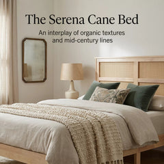 Bellemave® Boho Bed with Rattan Headboard — Solid Rubberwood Frame, Reinforced Base - Bellemave