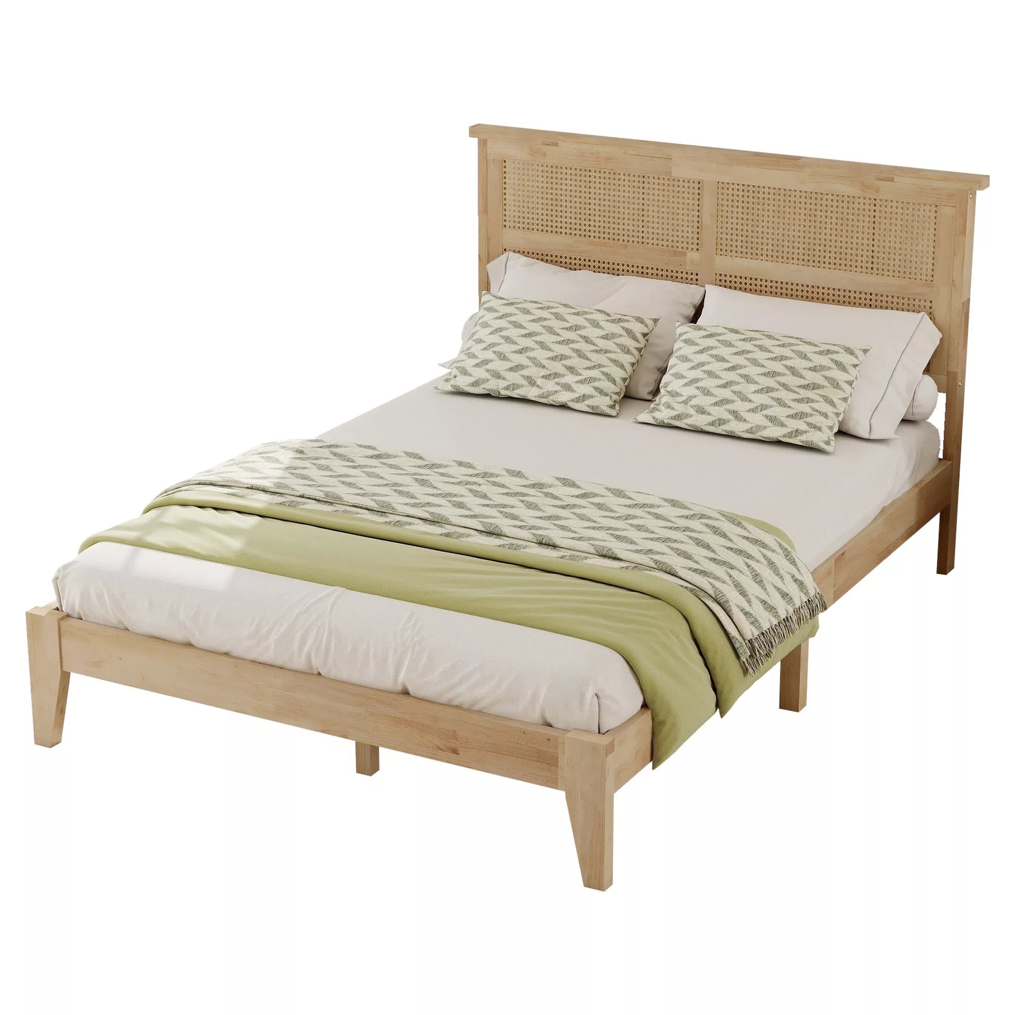 Bellemave® Boho Bed with Rattan Headboard — Solid Rubberwood Frame, Reinforced Base - Bellemave