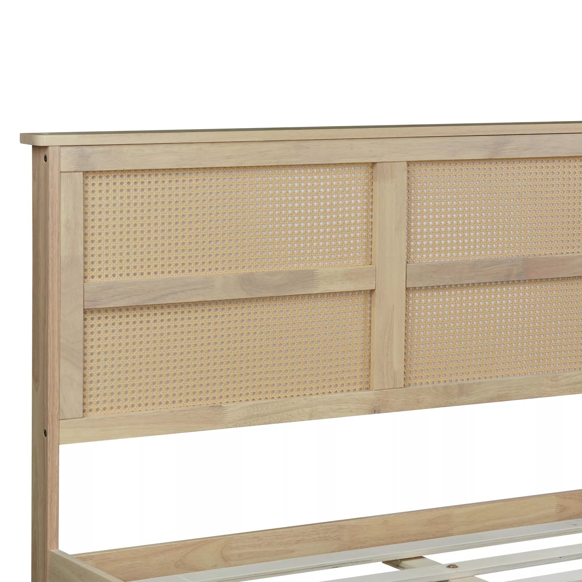 Bellemave® Boho Bed with Rattan Headboard — Solid Rubberwood Frame, Reinforced Base - Bellemave