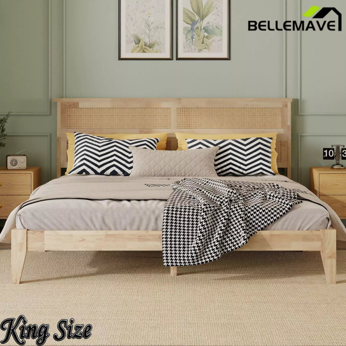 Bellemave® Boho Bed with Rattan Headboard — Solid Rubberwood Frame, Reinforced Base - Bellemave