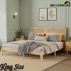 Bellemave® Boho Bed with Rattan Headboard — Solid Rubberwood Frame, Reinforced Base - Bellemave