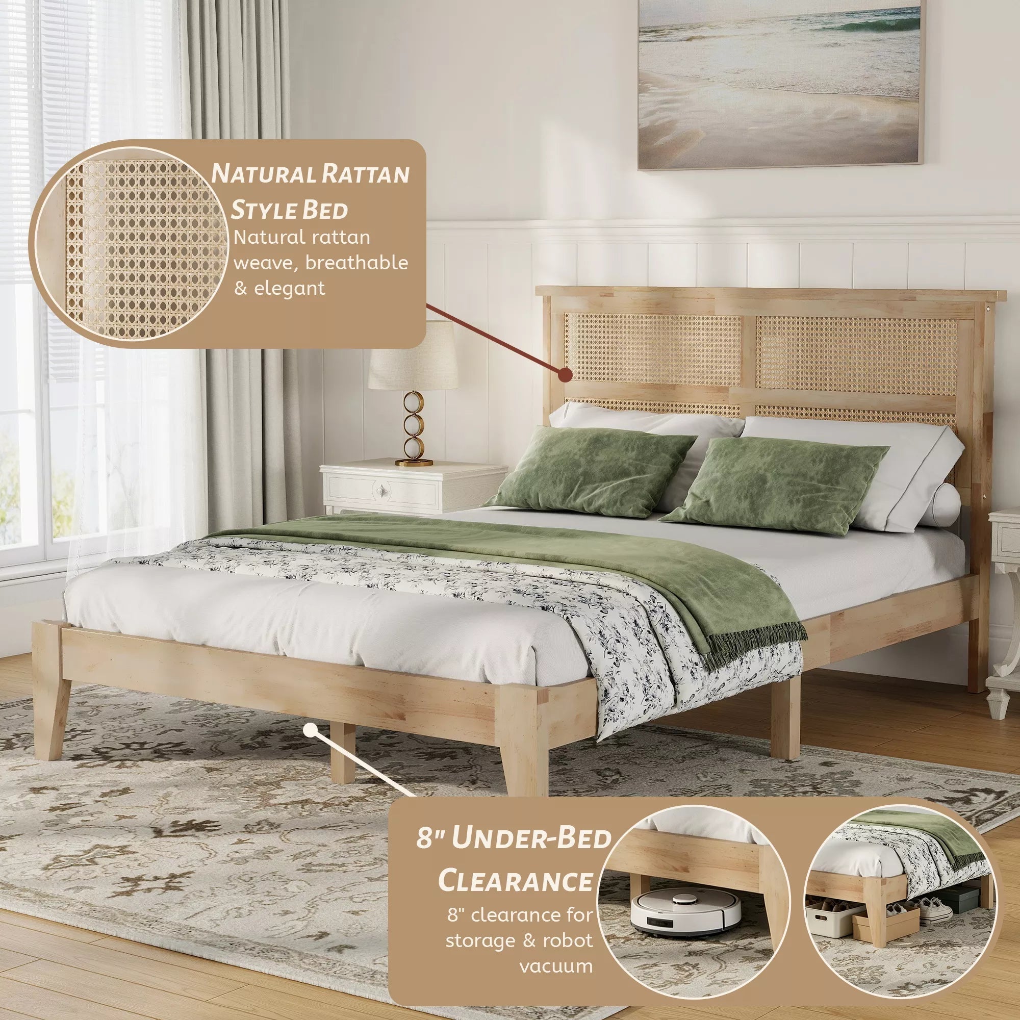 Bellemave® Boho Bed with Rattan Headboard — Solid Rubberwood Frame, Reinforced Base - Bellemave