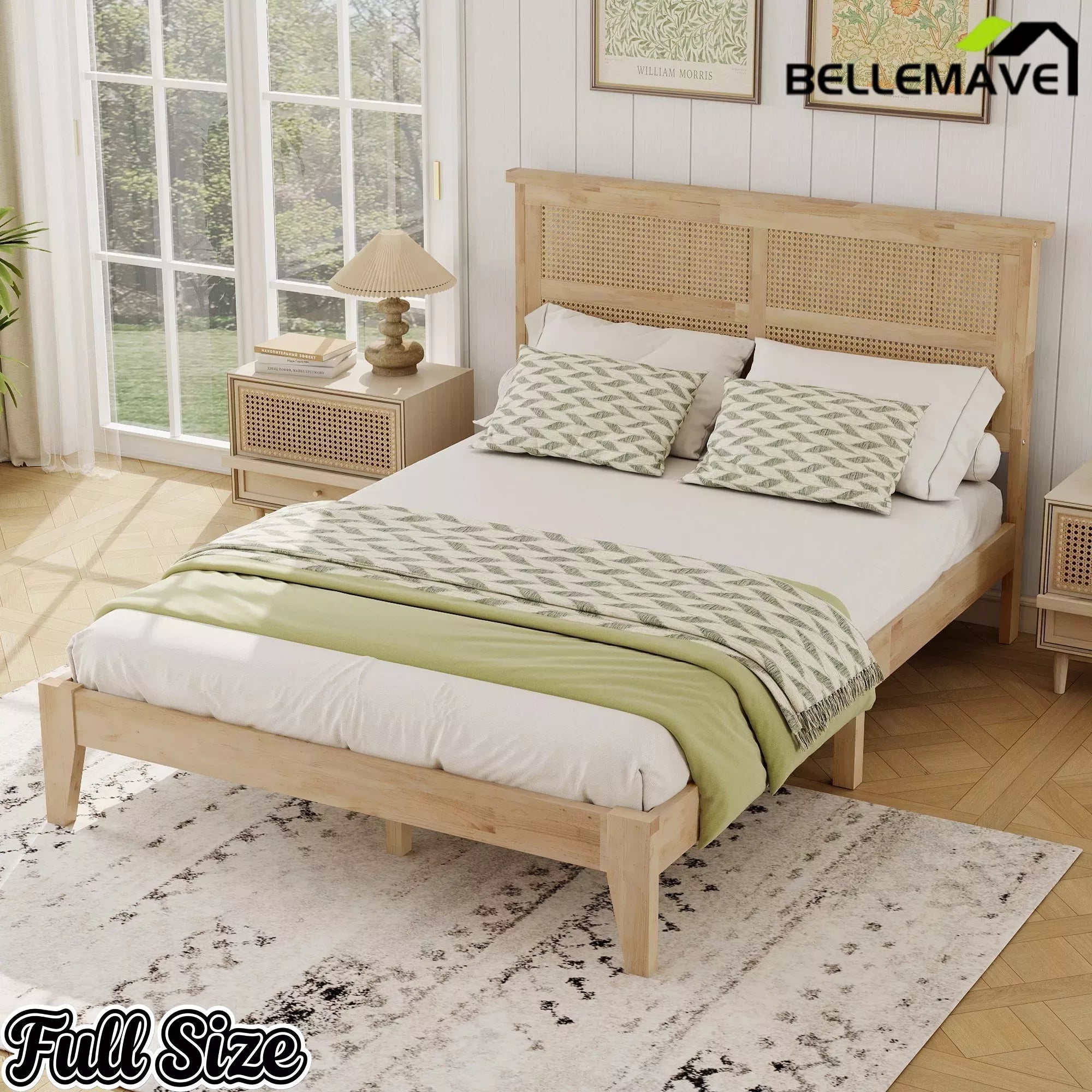 Bellemave® Boho Bed with Rattan Headboard — Solid Rubberwood Frame, Reinforced Base - Bellemave