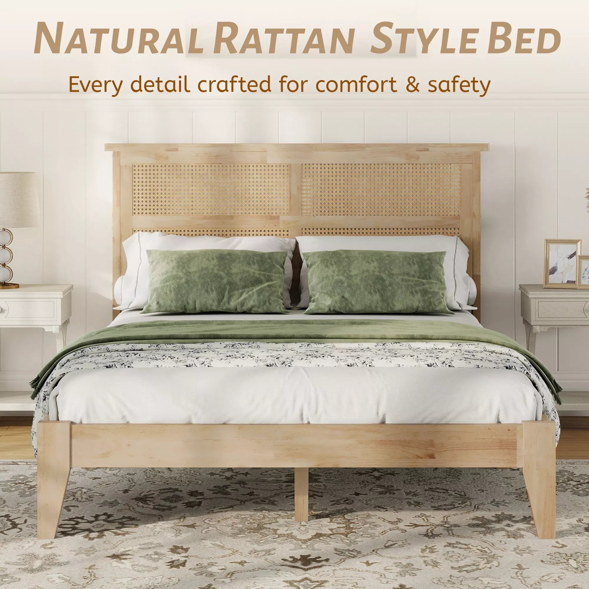 Bellemave® Boho Bed with Rattan Headboard — Solid Rubberwood Frame, Reinforced Base - Bellemave
