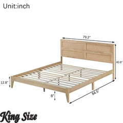 Bellemave® Boho Bed with Rattan Headboard — Solid Rubberwood Frame, Reinforced Base - Bellemave