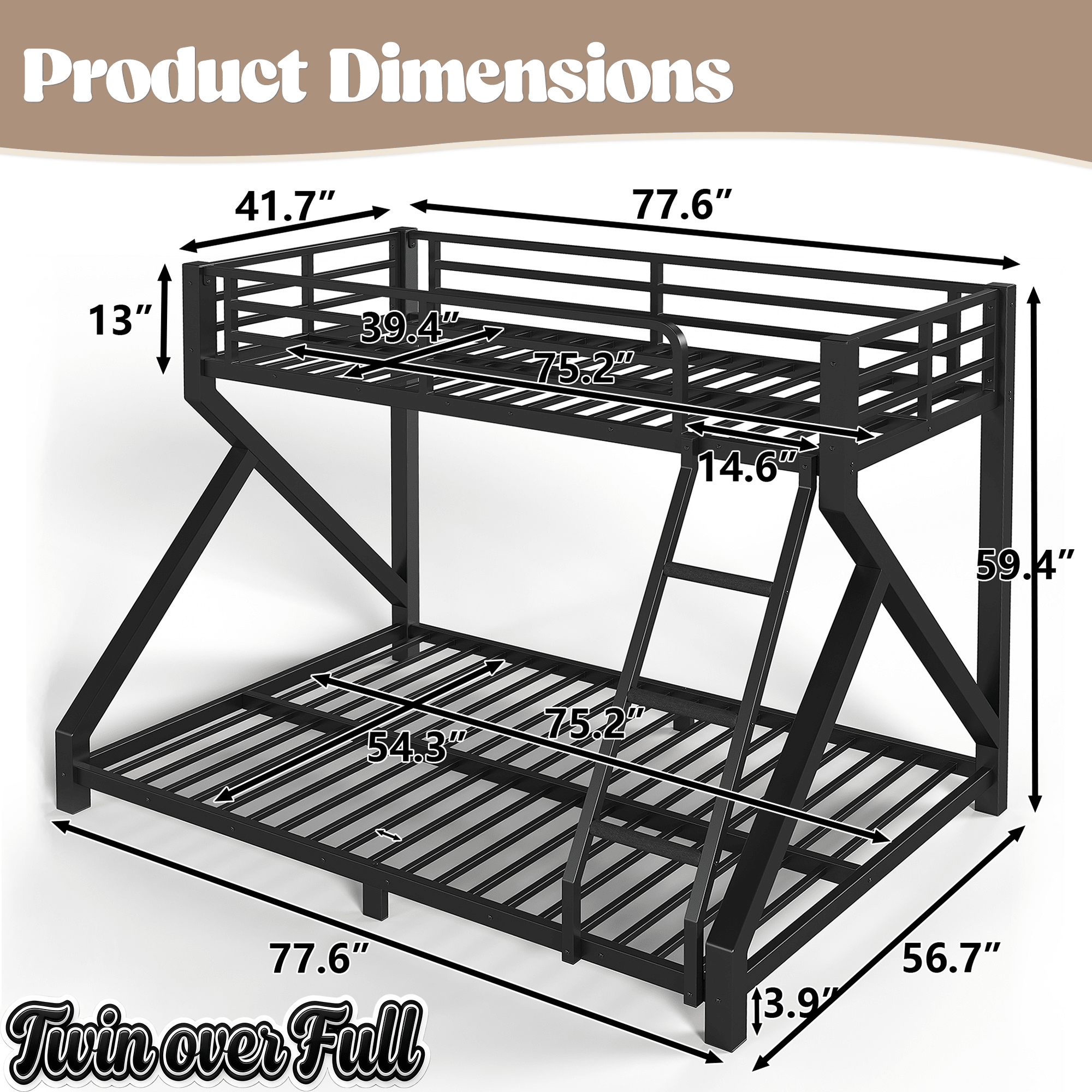 Bellemave® Bunk Bed Frame with Noise Reduced Design, Low Profile Bunk Bed with Soft Ladder Rung Cover & Fence, Heavy Buty Bunk Beds for Adults, Teens - Bellemave