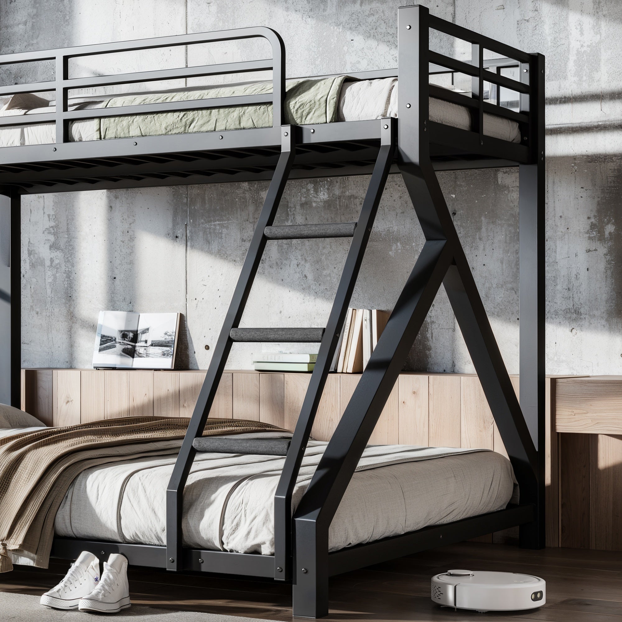 Bellemave® Bunk Bed Frame with Noise Reduced Design, Low Profile Bunk Bed with Soft Ladder Rung Cover & Fence, Heavy Buty Bunk Beds for Adults, Teens - Bellemave