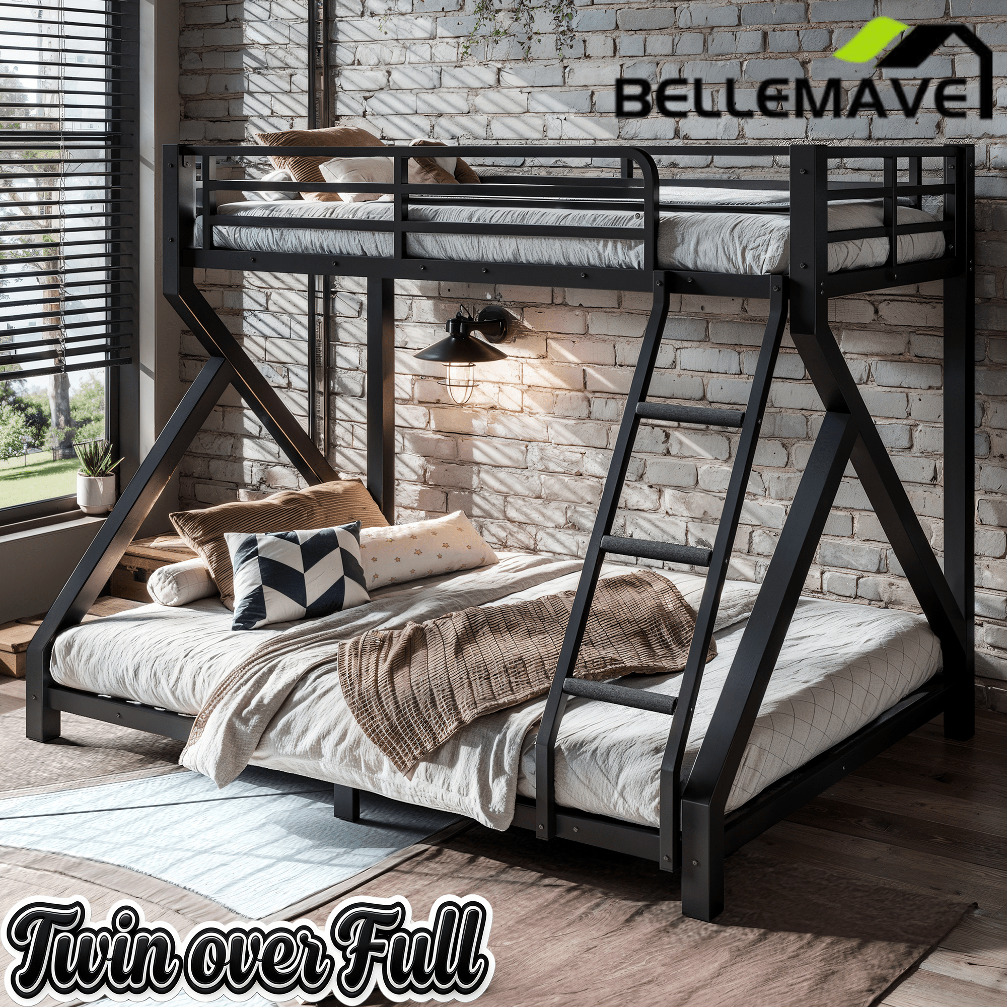 Bellemave® Bunk Bed Frame with Noise Reduced Design, Low Profile Bunk Bed with Soft Ladder Rung Cover & Fence, Heavy Buty Bunk Beds for Adults, Teens - Bellemave