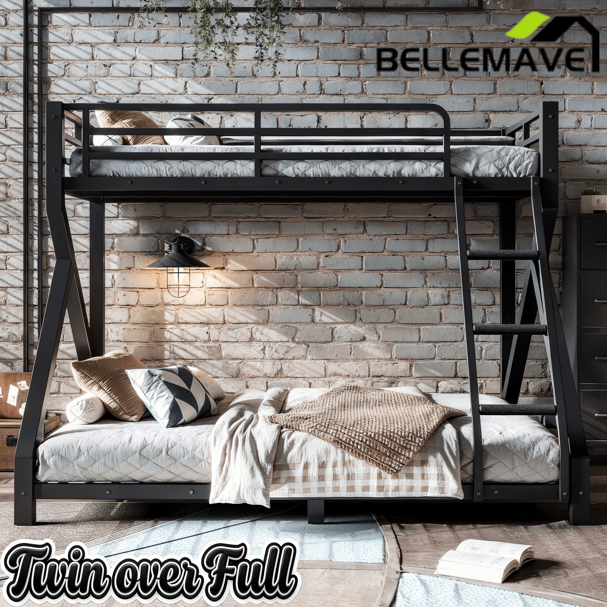 Bellemave® Bunk Bed Frame with Noise Reduced Design, Low Profile Bunk Bed with Soft Ladder Rung Cover & Fence, Heavy Buty Bunk Beds for Adults, Teens - Bellemave