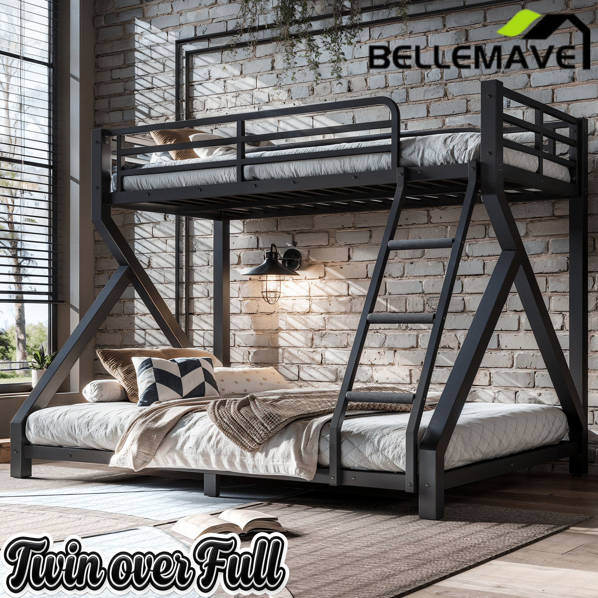 Bellemave® Bunk Bed Frame with Noise Reduced Design, Low Profile Bunk Bed with Soft Ladder Rung Cover & Fence, Heavy Buty Bunk Beds for Adults, Teens - Bellemave