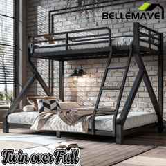 Bellemave® Bunk Bed Frame with Noise Reduced Design, Low Profile Bunk Bed with Soft Ladder Rung Cover & Fence, Heavy Buty Bunk Beds for Adults, Teens - Bellemave