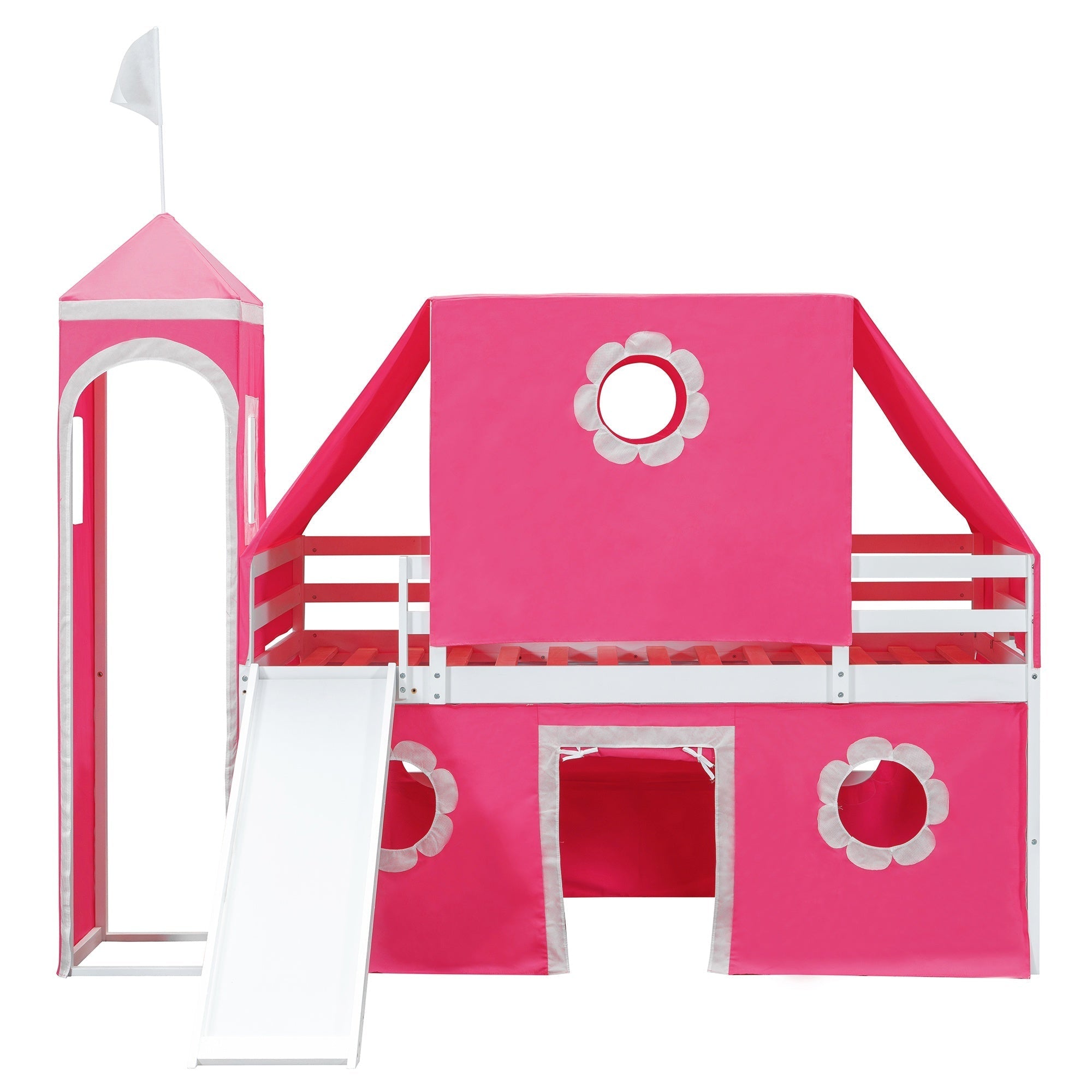 Bellemave® Bunk Bed Frame with Slide Pink Tent and Tower,Castle Shape Wood Bunk Bed - Bellemave