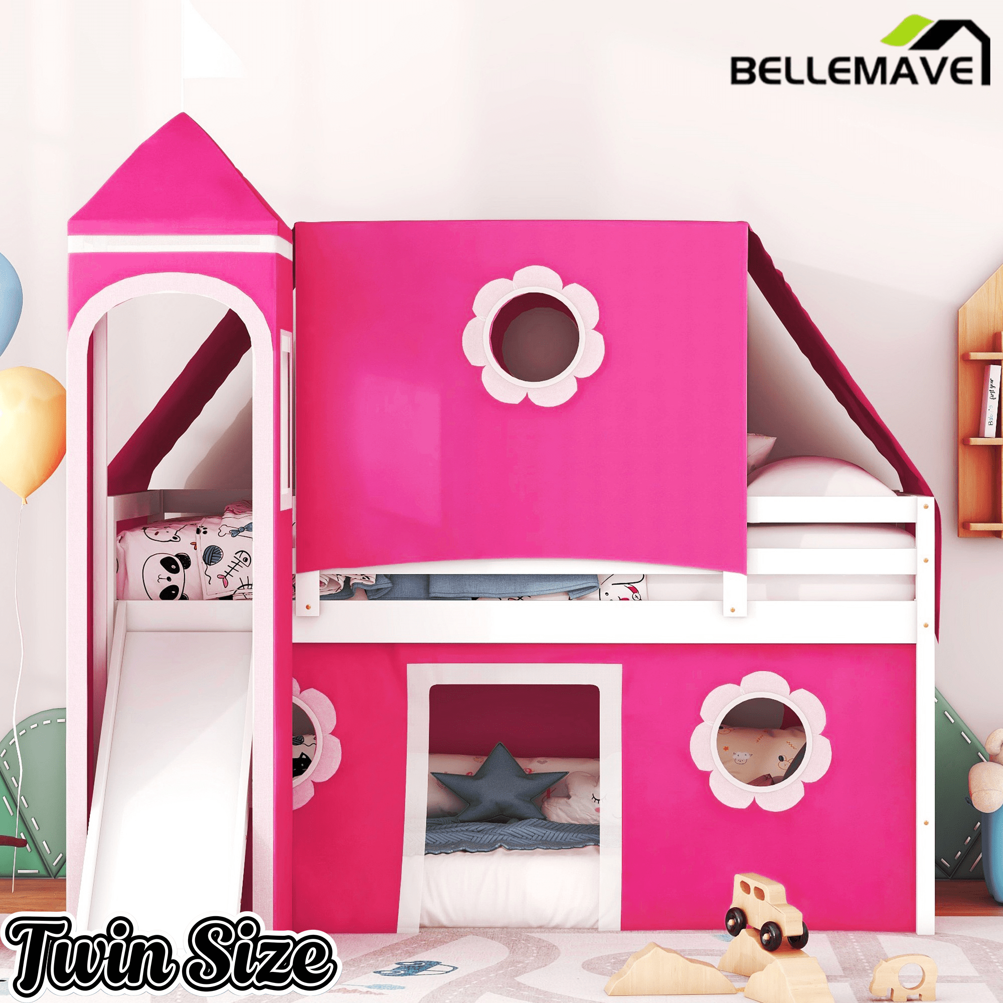 Bellemave® Bunk Bed Frame with Slide Pink Tent and Tower,Castle Shape Wood Bunk Bed - Bellemave