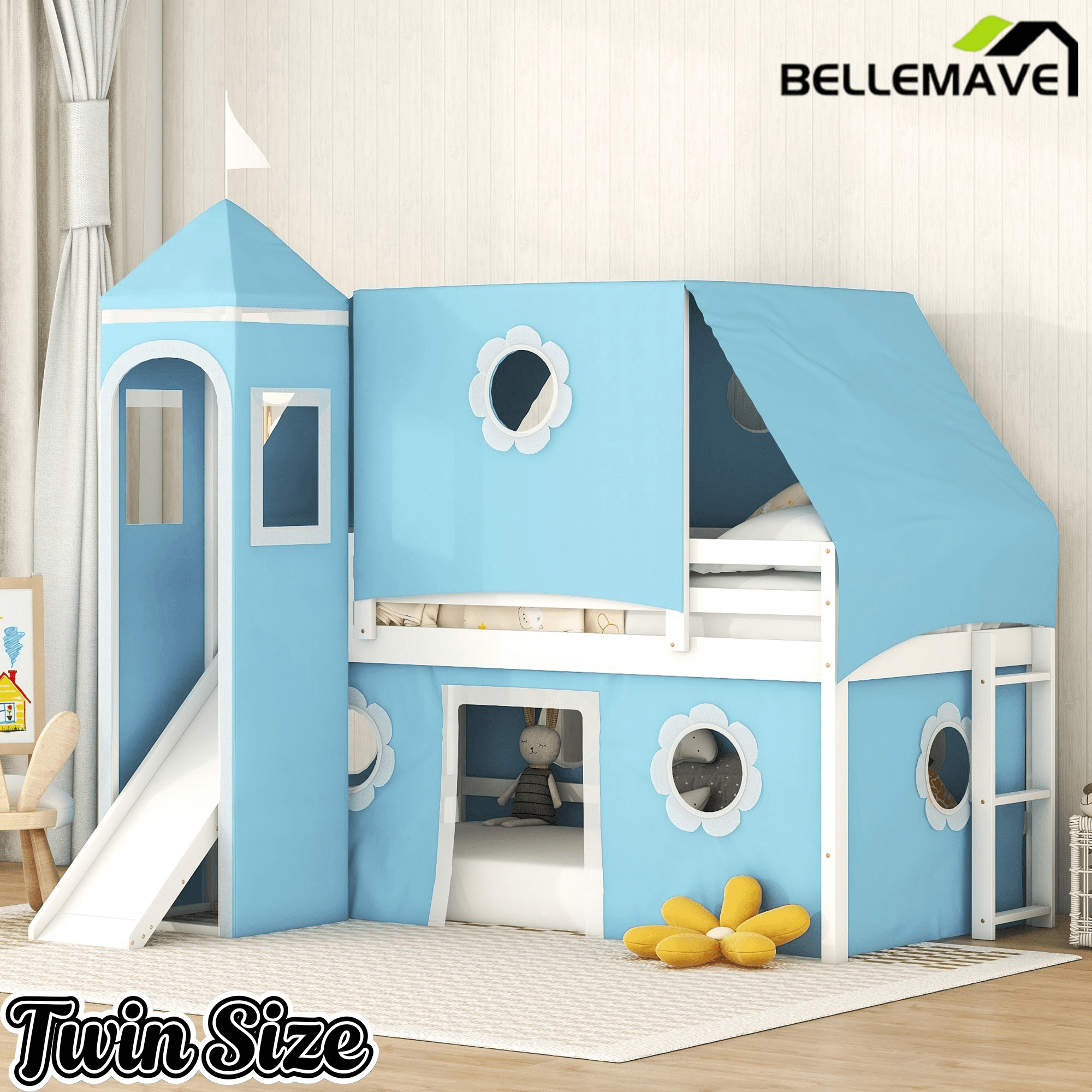 Bellemave® Bunk Bed Frame with Slide Pink Tent and Tower,Castle Shape Wood Bunk Bed - Bellemave