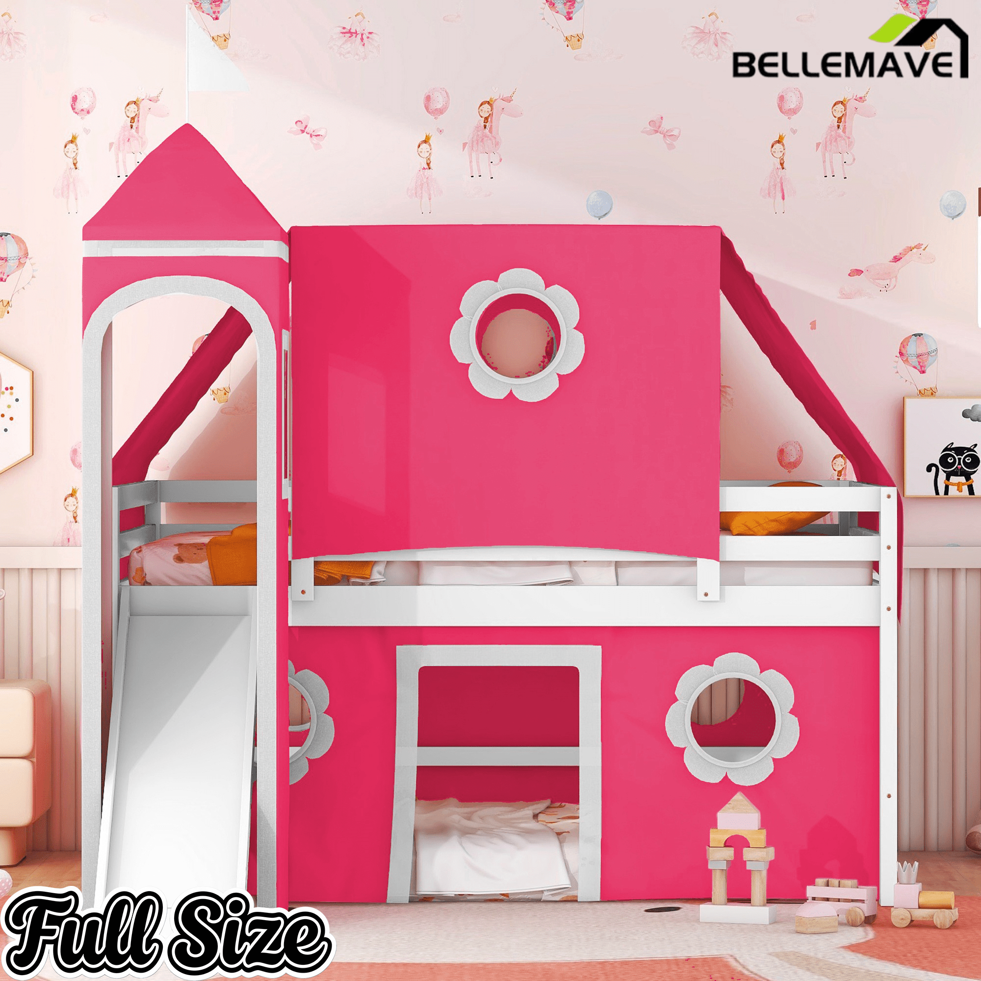 Bellemave® Bunk Bed Frame with Slide Pink Tent and Tower,Castle Shape Wood Bunk Bed - Bellemave