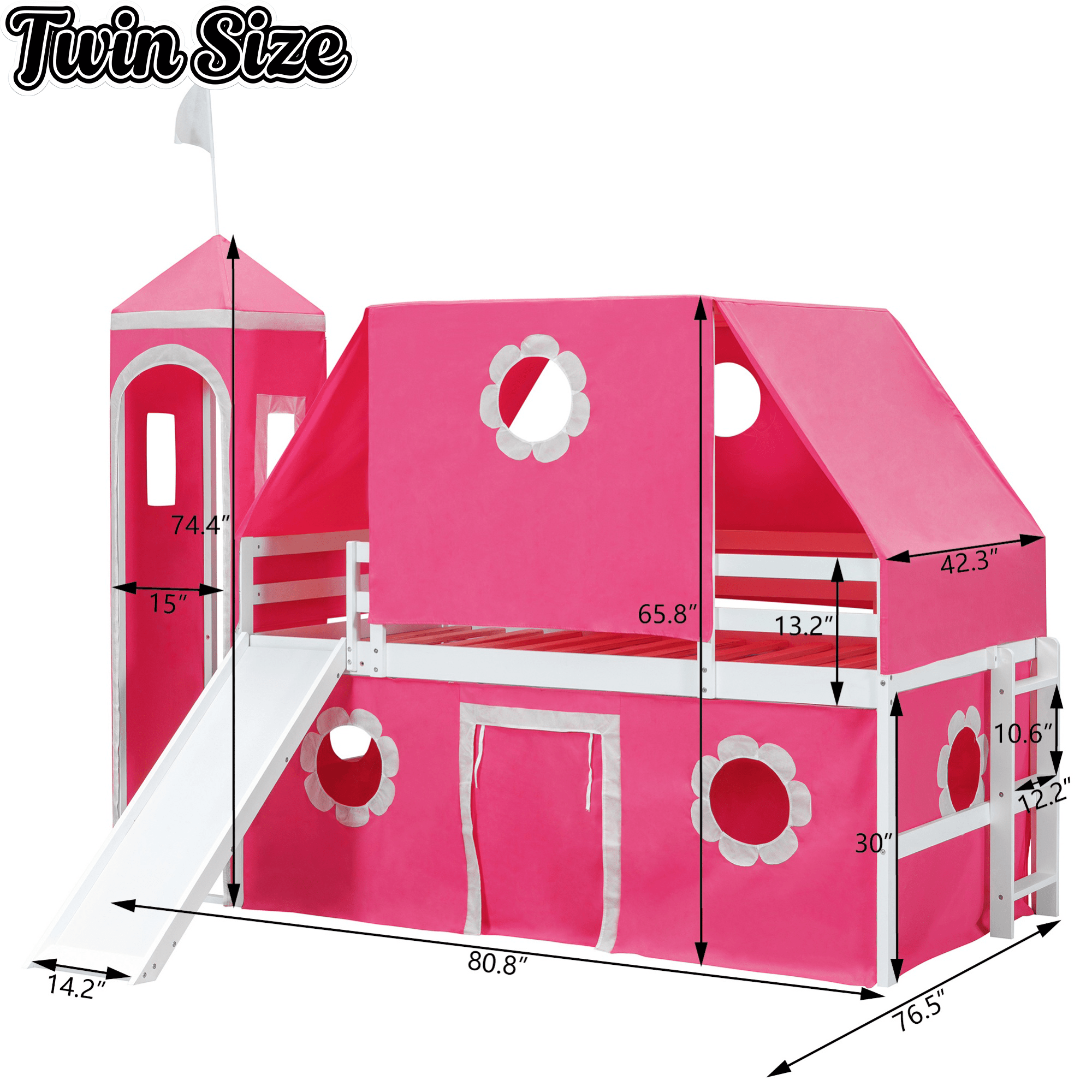 Bellemave® Bunk Bed Frame with Slide Pink Tent and Tower,Castle Shape Wood Bunk Bed - Bellemave