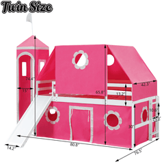 Bellemave® Bunk Bed Frame with Slide Pink Tent and Tower,Castle Shape Wood Bunk Bed - Bellemave