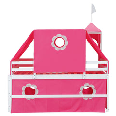Bellemave® Bunk Bed Frame with Slide Pink Tent and Tower,Castle Shape Wood Bunk Bed - Bellemave