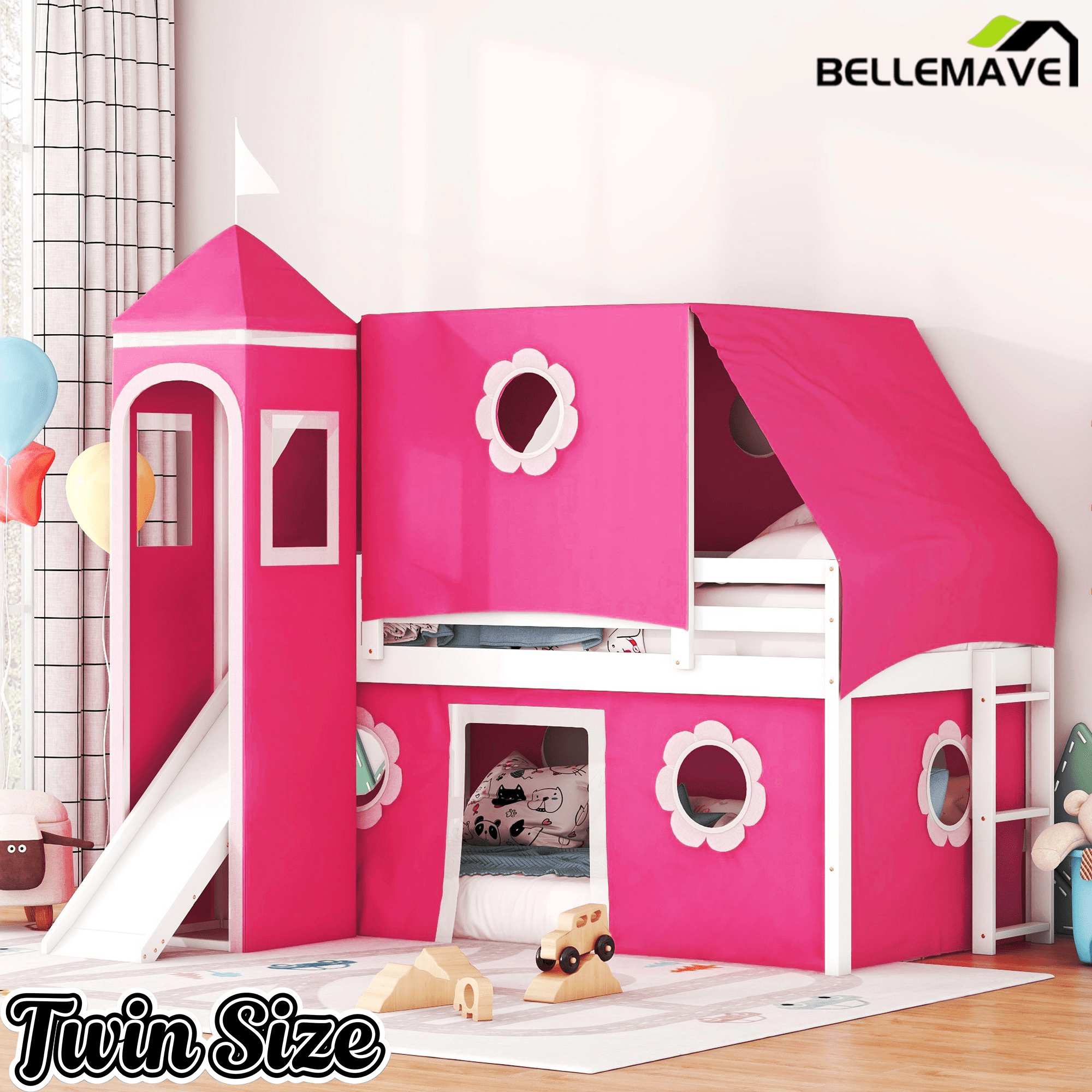 Bellemave® Bunk Bed Frame with Slide Pink Tent and Tower,Castle Shape Wood Bunk Bed - Bellemave