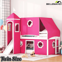 Bellemave® Bunk Bed Frame with Slide Pink Tent and Tower,Castle Shape Wood Bunk Bed - Bellemave
