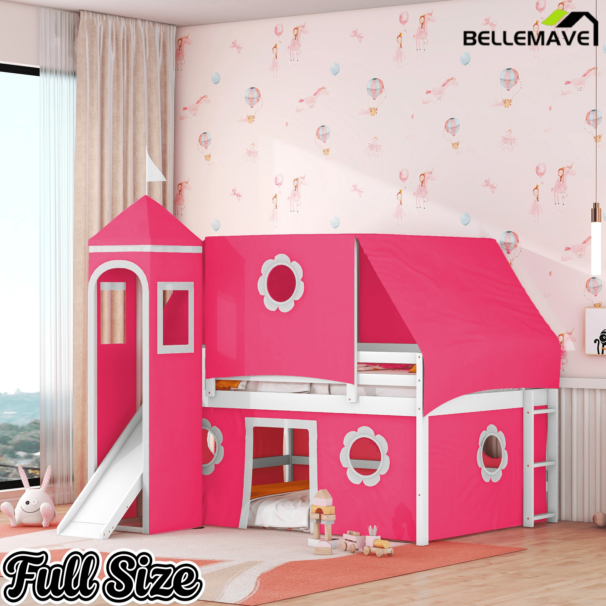 Bellemave® Bunk Bed Frame with Slide Pink Tent and Tower,Castle Shape Wood Bunk Bed - Bellemave