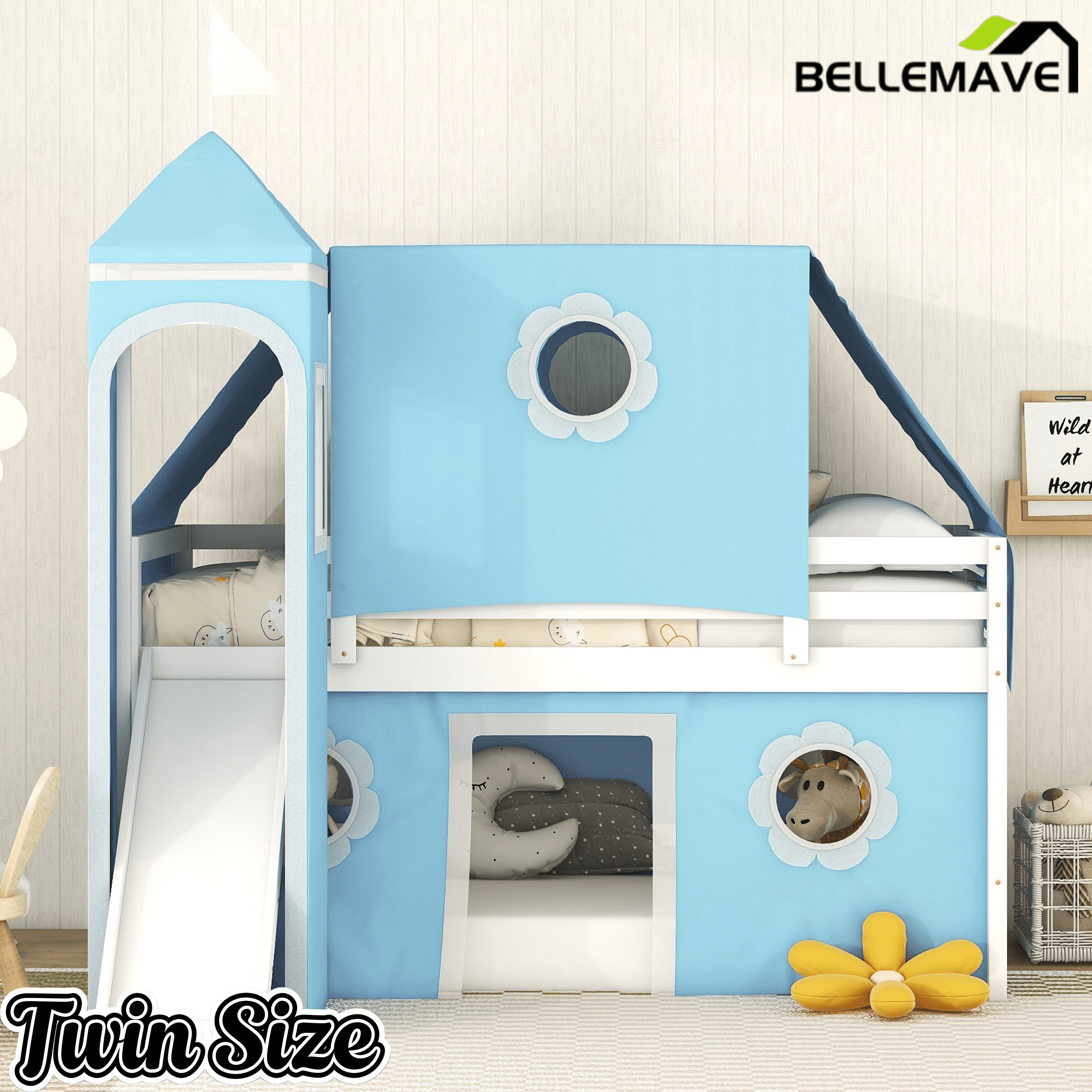 Bellemave® Bunk Bed Frame with Slide Pink Tent and Tower,Castle Shape Wood Bunk Bed - Bellemave