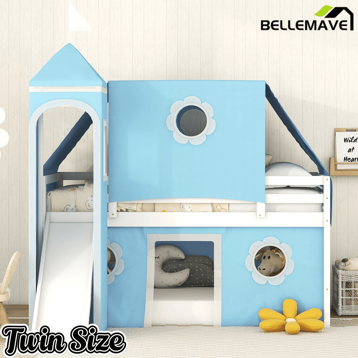 Bellemave® Bunk Bed Frame with Slide Pink Tent and Tower,Castle Shape Wood Bunk Bed - Bellemave