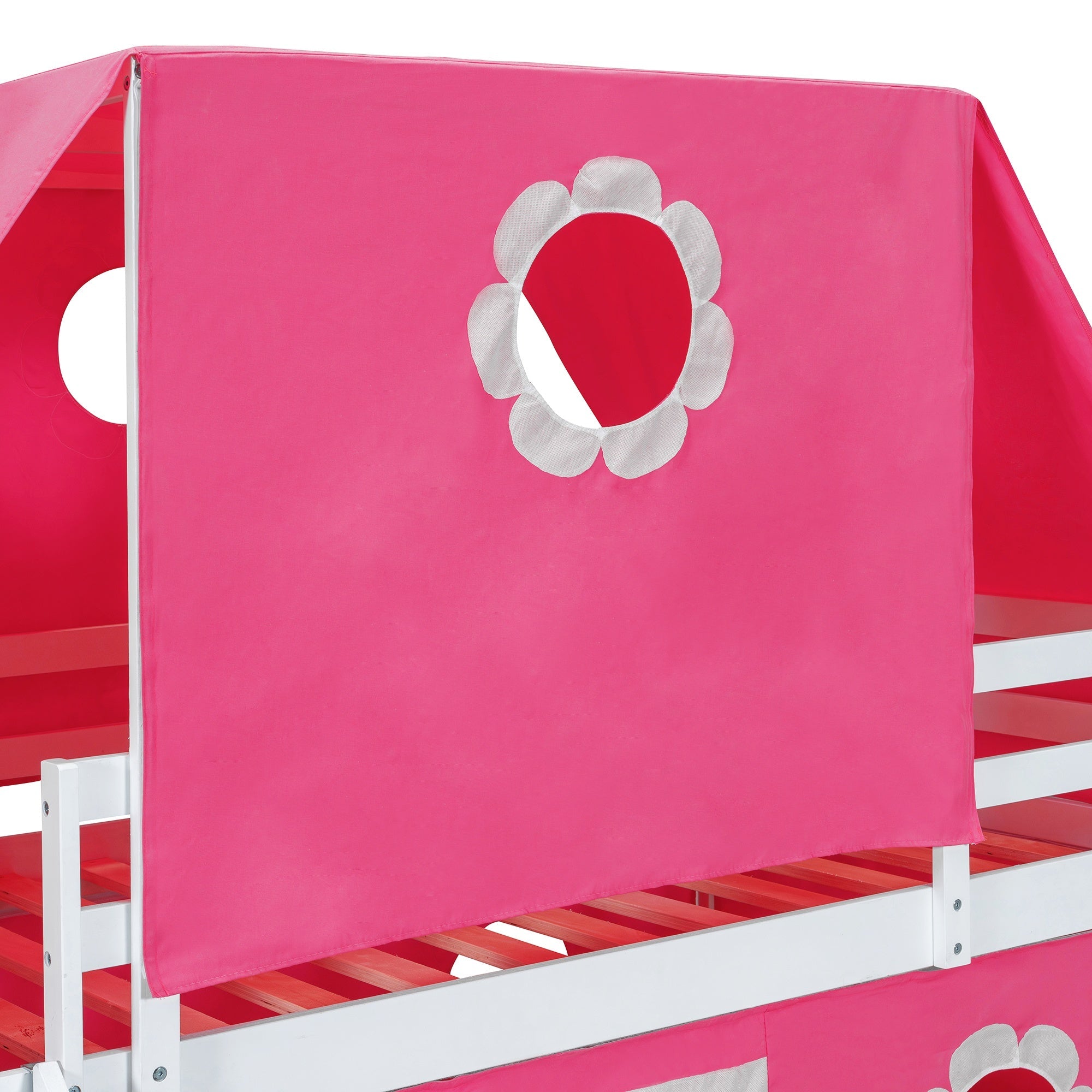 Bellemave® Bunk Bed Frame with Slide Pink Tent and Tower,Castle Shape Wood Bunk Bed - Bellemave