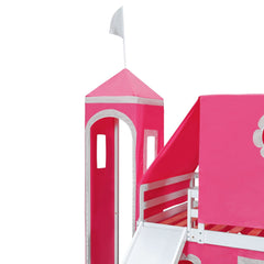 Bellemave® Bunk Bed Frame with Slide Pink Tent and Tower,Castle Shape Wood Bunk Bed - Bellemave