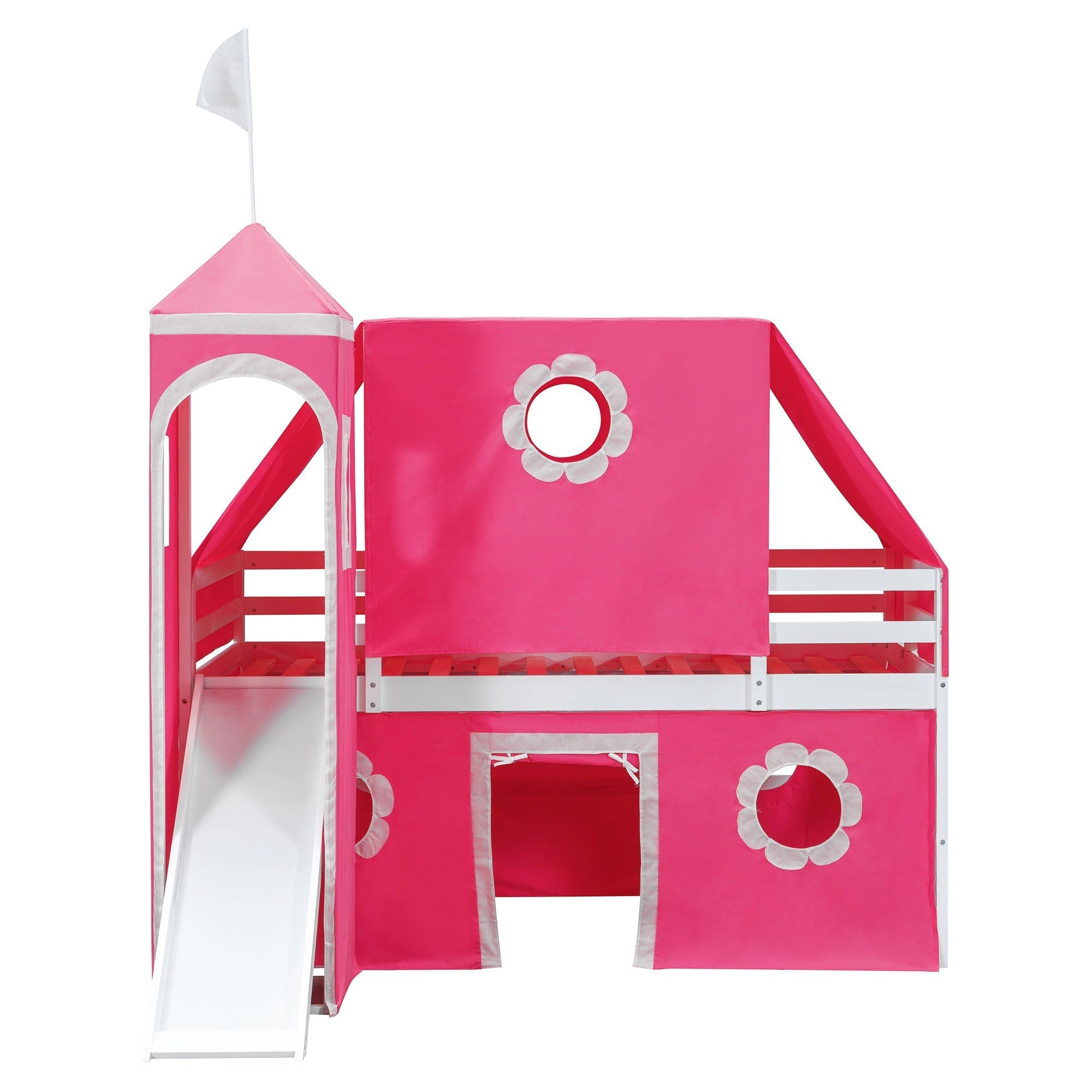 Bellemave® Bunk Bed Frame with Slide Pink Tent and Tower,Castle Shape Wood Bunk Bed - Bellemave