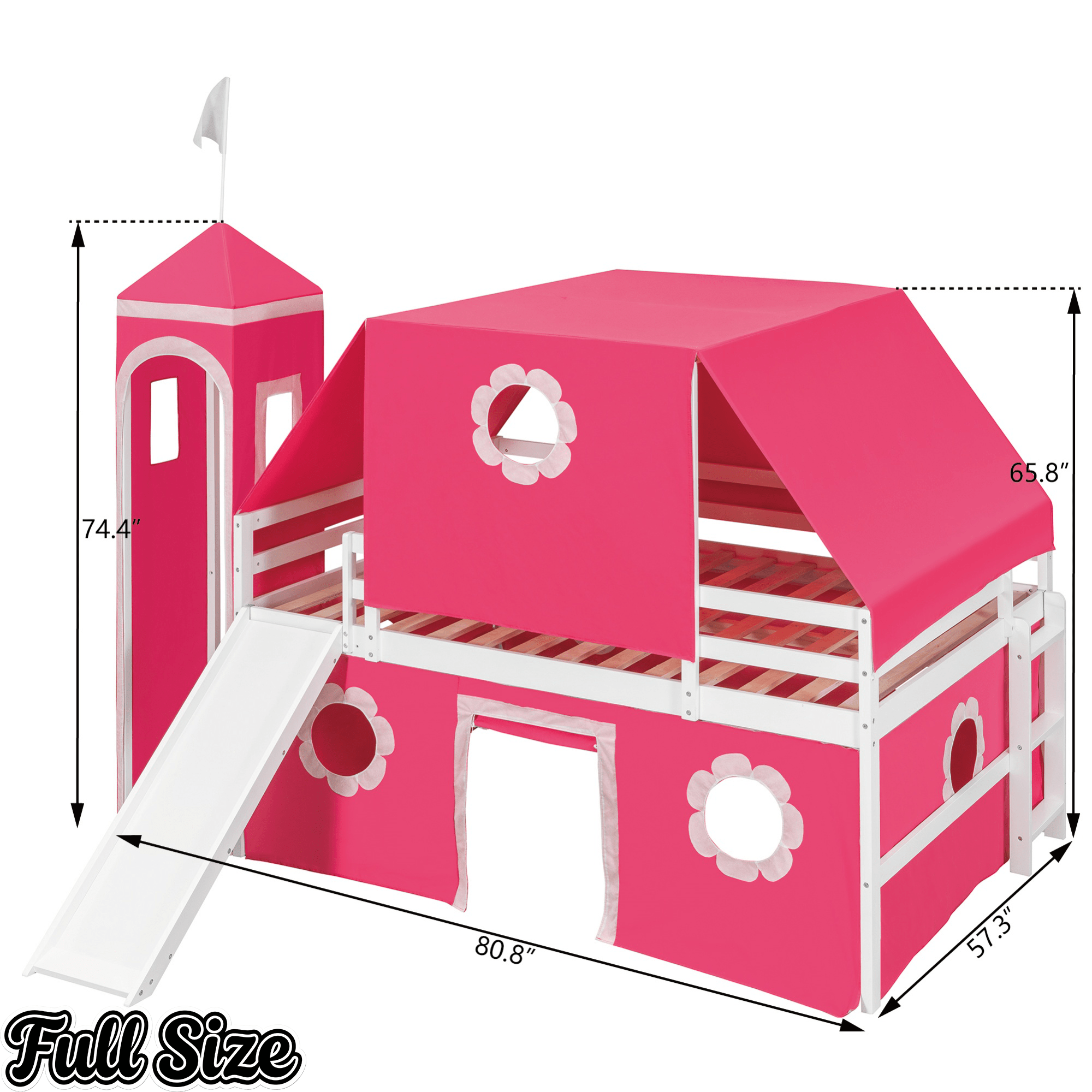 Bellemave® Bunk Bed Frame with Slide Pink Tent and Tower,Castle Shape Wood Bunk Bed - Bellemave