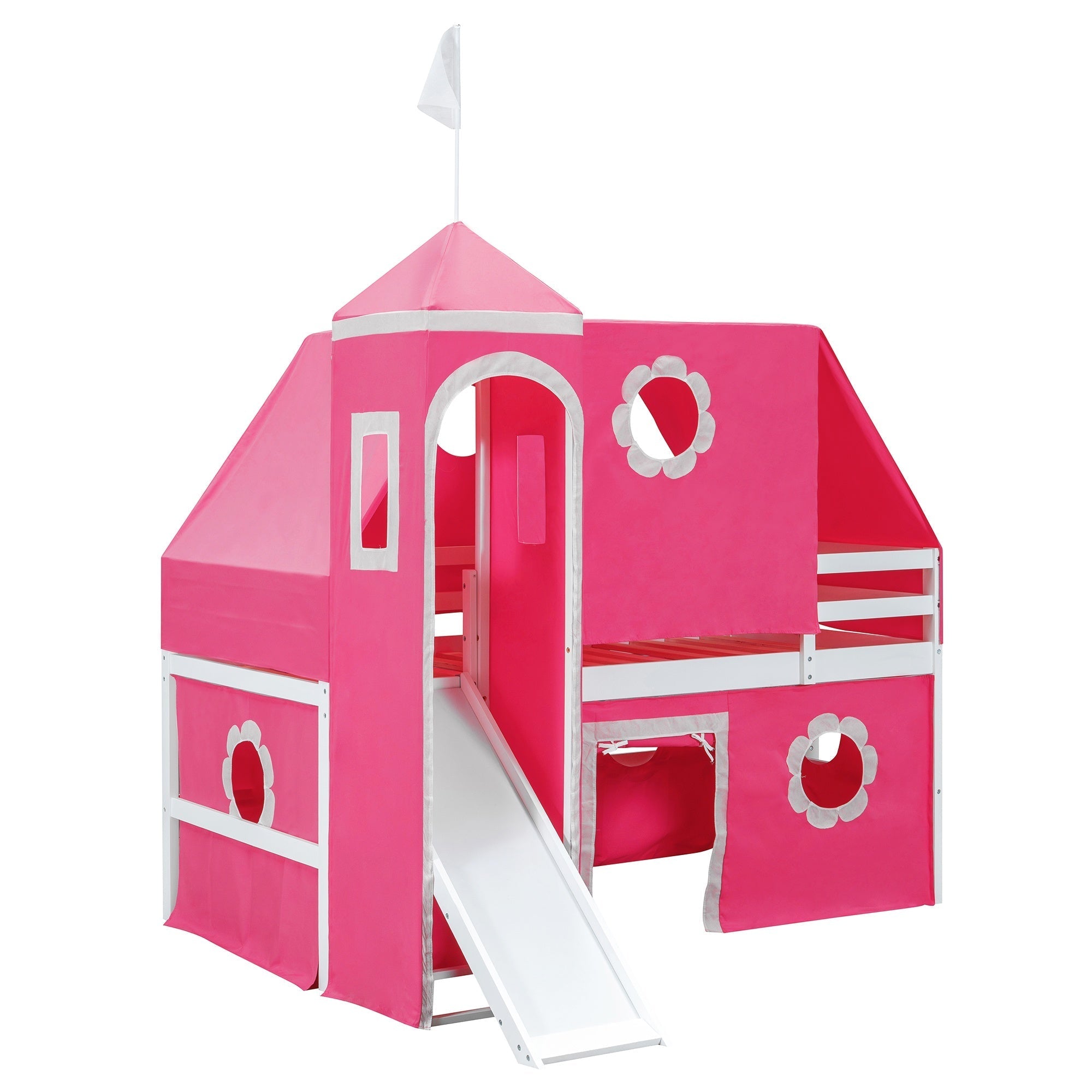 Bellemave® Bunk Bed Frame with Slide Pink Tent and Tower,Castle Shape Wood Bunk Bed - Bellemave
